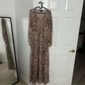 Aakaa Beige Floral Patchwork V-Neck Maxi Dress